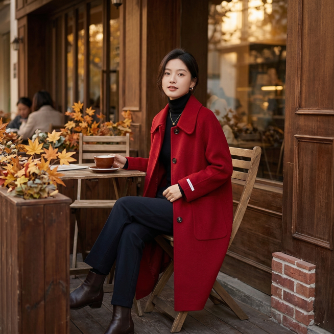 中国女模特身穿图中的酒红色中长款翻领毛呢大衣，秋日咖啡馆外景，暖棕色调，氛围感穿搭，高清人像实拍预览效果