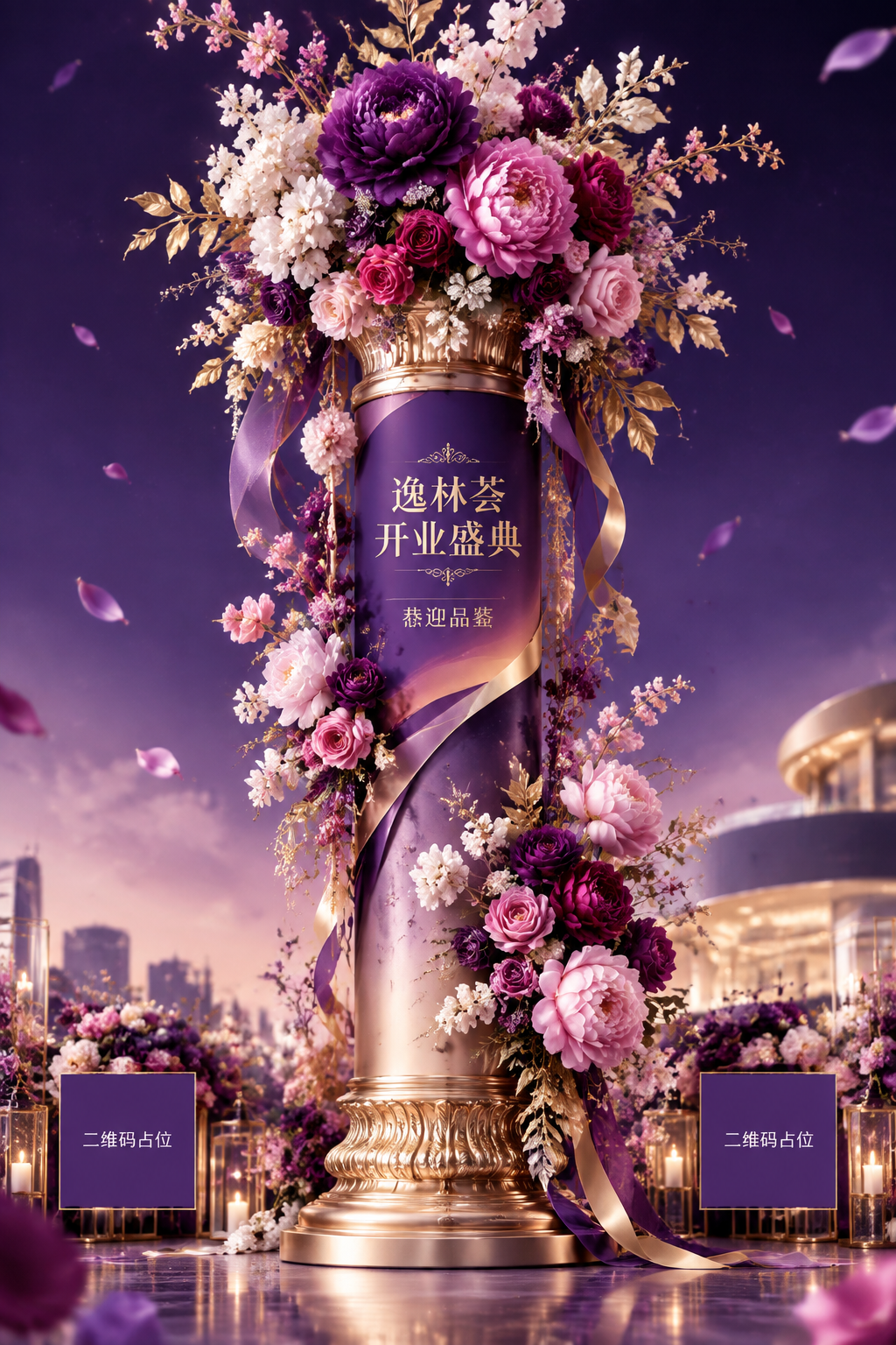 高端商业地产花柱设计图，主题为"逸林荟开业盛典"，副标题"恭迎… - 图片创意预览
