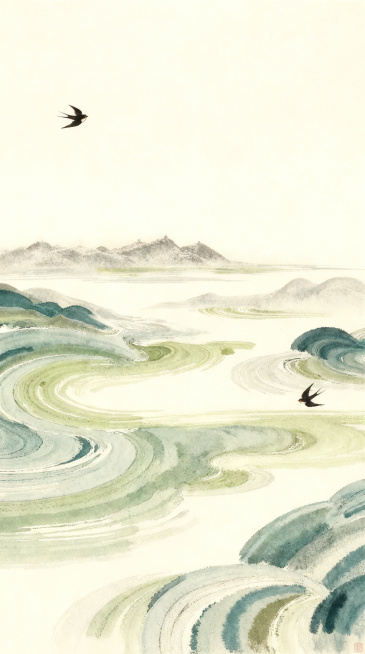 去除图片中的所有水印，保留浅绿色和青绿色的水墨晕染流动纹路、水墨远山和飞燕元素，整体增添古朴的历史底蕴感，保持国风水彩质感预览效果