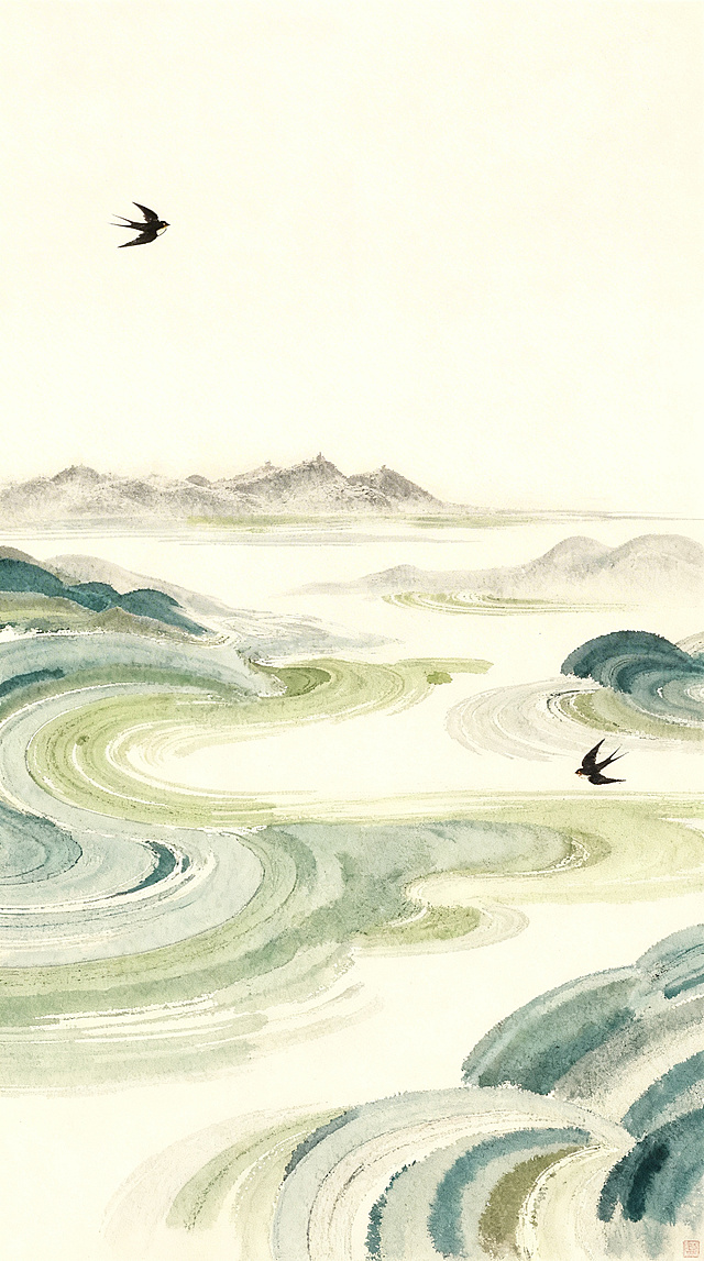 去除图片中的所有水印，保留浅绿色和青绿色的水墨晕染流动纹路、水墨远山和飞燕元素，整体增添古朴的历史底蕴感，保持国风水彩质感