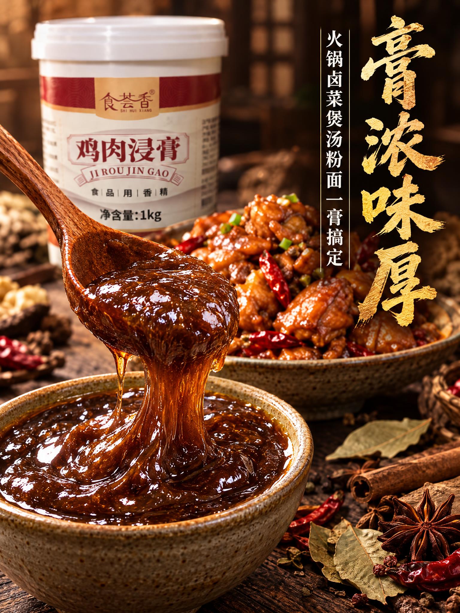 暖调市井烟火气餐饮主图，画面主体为木勺舀出的褐色浓稠鸡肉浸膏膏… - 图片创意预览