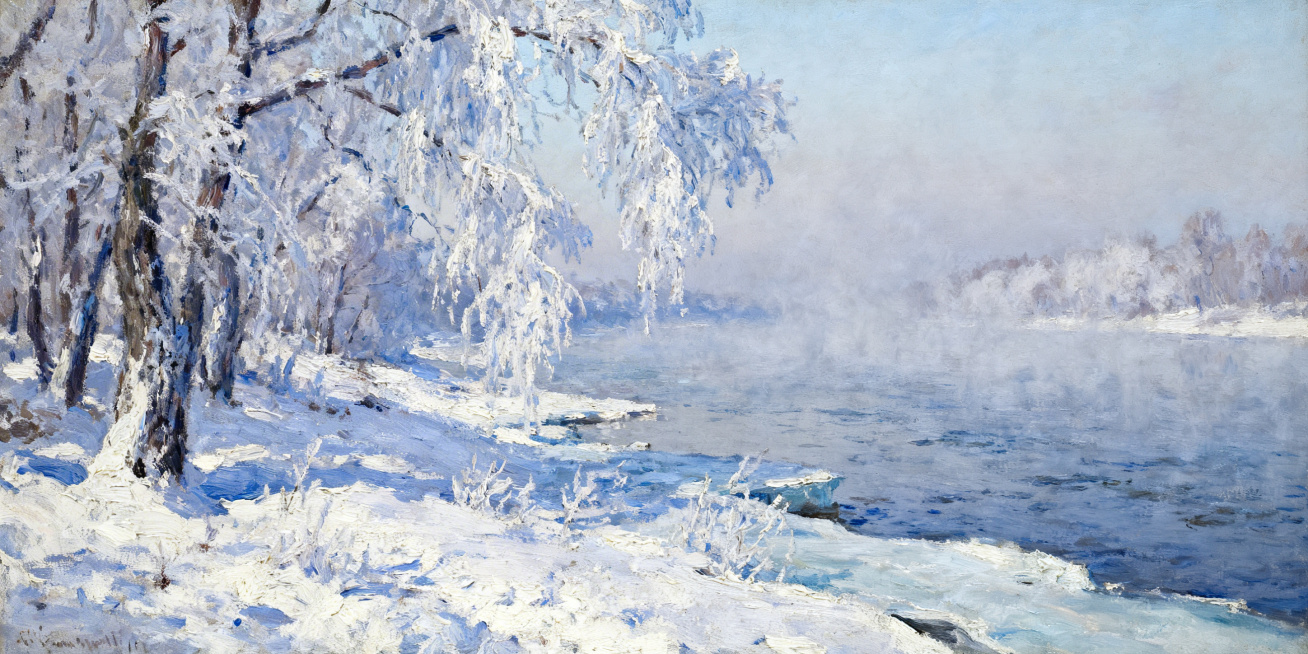 雾凇江面，冰封河岸旁挂满雾凇的树木，淡蓝色与银白色调，厚重厚涂霜雪质感预览效果