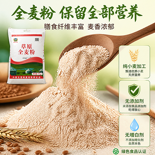 [主图-3] 细节与成分-全麦粉细腻质地与营养成分展示。本张使用【图1】作为产品包装辅助展示。
[氛围风格] 温润家常质感，淡绿色暖调，微距细节种草，商业摄影质感。
[画质] 商业摄影质感、光线柔和通透、产品清晰真实、画面干净高级。
[元素] 画面中央为全麦粉微距特写大场景，细腻的全麦粉堆成小山，浅褐色粉末颗粒清晰可见，占画面约45%；木勺从粉堆中舀起，粉末缓缓滑落，形成动态弧线；旁边散落几粒完整的红小麦颗粒和麦穗装饰；左上角为产品包装小图，占比约15%，保持产品外观与输入产品图一致；背景为淡绿色渐变虚化的厨房台面；右侧分布营养成分图标区。画面满屏无边框。
[光影] 暖调柔光从左上方照射，粉末颗粒有细腻高光，木勺纹理清晰，整体温暖柔和有层次。
[配色] 全局主色淡草绿色渐变 #F1F8E9；辅助色浅褐色 #A1887F、金黄色 #FFB300、深绿色 #2E7D32、米白色 #FFF8E1；卡片图标色统一使用淡绿色圆角卡片。
[视角构图] 中心粉末微距为主视觉，右侧分布卖点图标，阅读动线从中心向右侧扩散；俯视角度，景深较浅突出粉末质感。
[文字版式] 顶部大标题「全麦粉 保留全部营养」粗笔刷书法字，深绿色最大号；副标题「膳食纤维丰富 麦香浓郁」圆角黑体，深棕色约半高；右侧三栏纵向卖点图标：第一栏「纯小麦加工」配小麦图标 第二栏「无添加剂」配对勾盾牌图标 第三栏「无增白剂」配纯净水滴图标；每栏图标下配说明文字，字体清晰可读；底部小字标注「绿色食品认证」。
[输出要求] 1:1 比例，2048px*2048px，2K分辨率，文字清晰锐利，画面超高清商业摄影质感。
[负向提示词] 变形，文字错乱，产品图模糊，背景杂乱，水印，电商平台Logo，极限词。