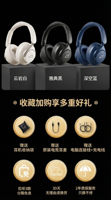 背景改成黑色，产品换成第二张图片产品，颜色为白色、黑色、蓝色预览效果