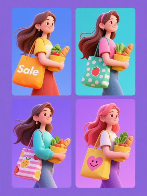 软3D风格插画，四个造型各异的年轻女性角色系列，每个角色均背着不同设计的购物袋（印有“Sale”字样、水果图案、条纹图案、波点图案、爱心图案或笑脸图案），手中抱着装满蔬菜面包的黄色购物袋，长发飘逸，穿着休闲时尚服装，展现对购物的热情与愉悦感。整体色彩采用六个不同色调组合（蓝紫色调、橙黄色调、粉绿色调、红棕色调、青蓝色调、紫粉色调），每个角色独立置于对应色调的纯色背景中，六幅画面呈规整网格排布。……预览效果