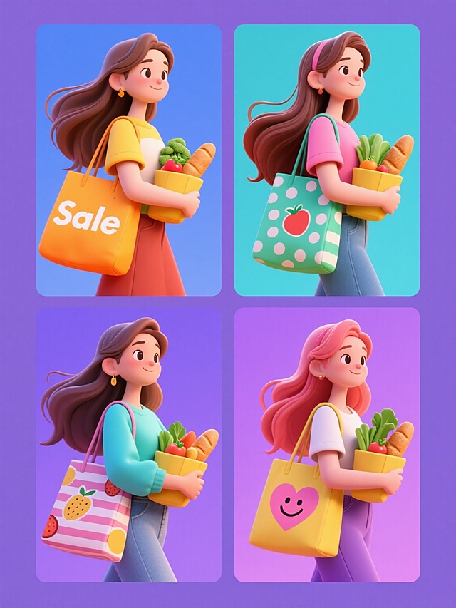 软3D风格插画，四个造型各异的年轻女性角色系列，每个角色均背着不同设计的购物袋（印有“Sale”字样、水果图案、条纹图案、波点图案、爱心图案或笑脸图案），手中抱着装满蔬菜面包的黄色购物袋，长发飘逸，穿着休闲时尚服装，展现对购物的热情与愉悦感。整体色彩采用六个不同色调组合（蓝紫色调、橙黄色调、粉绿色调、红棕色调、青蓝色调、紫粉色调），每个角色独立置于对应色调的纯色背景中，六幅画面呈规整网格排布。画面线条流畅圆润，色块分明，光影柔和，具有清晰的视觉层级和高效的信息传达，符合年轻女性受众审美和购物主题宣传目的，充满时尚设计感与欢快氛围。