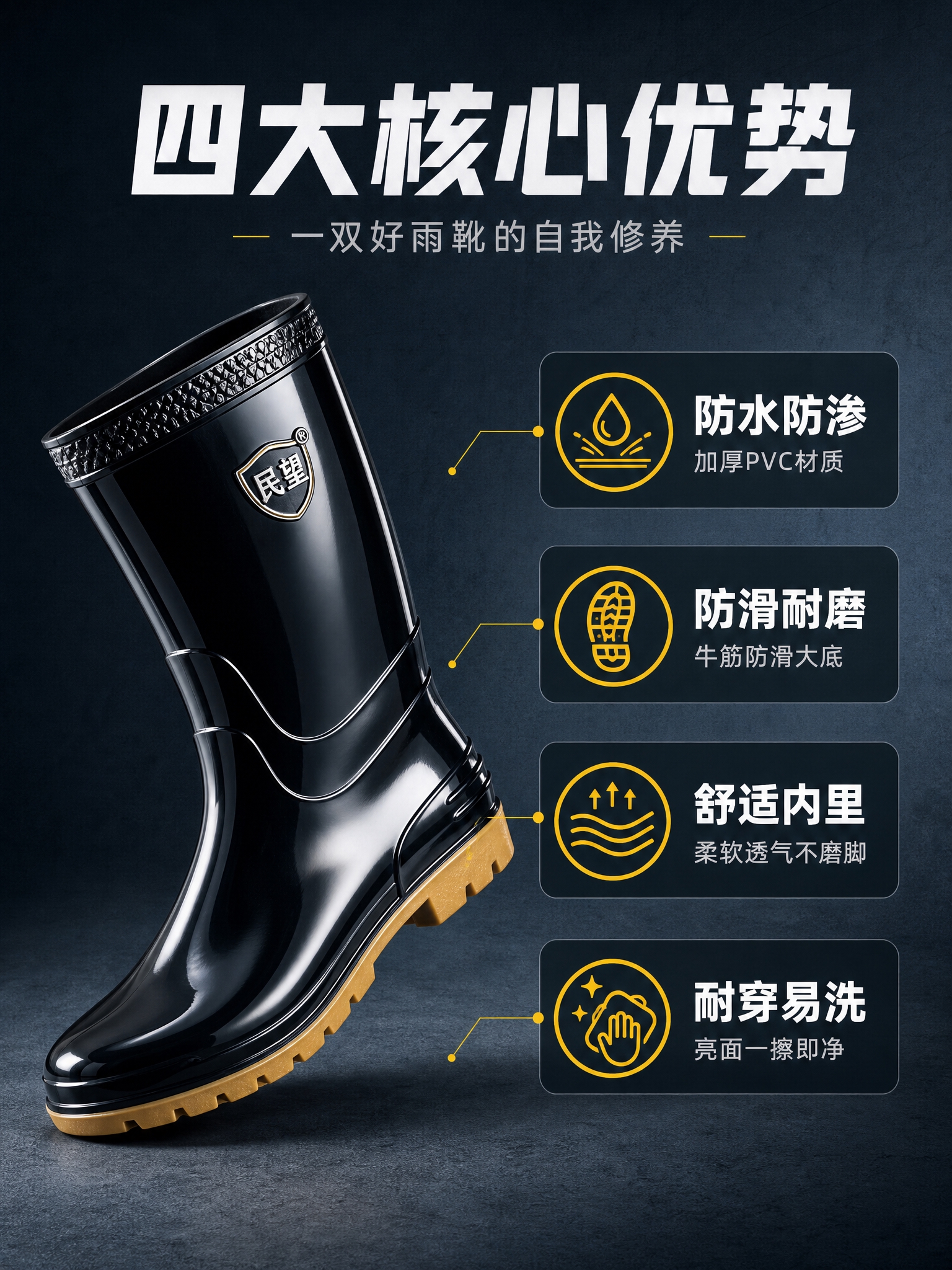 [商品] 使用【图1】中筒雨靴产品图；保留黑色亮面PVC材质、… - 图片创意预览