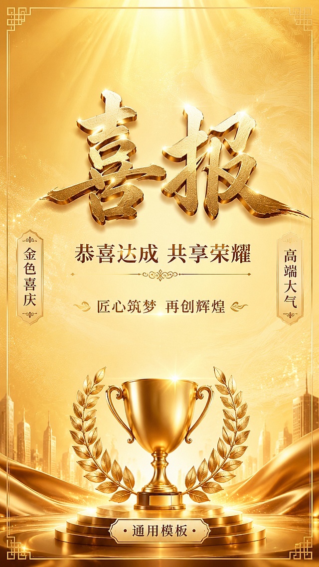 豪华喜庆土豪金背景色贺报模板，采用写实商业摄影风格，整体奢华大气，主标题为"喜报"居中放置，副标题为"恭喜达成 共享荣耀"，装饰文案为"匠心筑梦 再创辉煌"，画面左侧卖点标签标注"金色喜庆"，画面右侧卖点标签标注"高端大气"，底部标注"通用模板"，背景为渐变土豪金搭配浅金色纹理，整体版式精美，安全边距充足，文字清晰可见，留白合理，适用于各类喜庆祝贺场景，分辨率4K