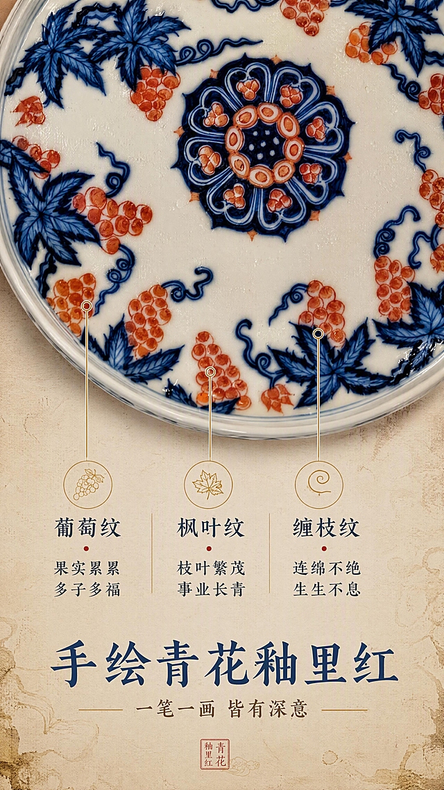 [第3张] 详情页纹样解析页-青花葡萄缠枝纹细节微距解读。本张使用【图1】作为商品主体，重点展示纹样细节。
[氛围/风格] 东方雅致新中式风，微距质感，古朴精致，商业摄影质感。
[元素布局] 壶承中心葡萄缠枝纹样放大特写占据画面上半部分，占比约60%，可清晰看到青花笔触、釉里红葡萄颗粒、叶片纹理；下半部分为纹样寓意解读区；背景为深米色宣纸纹理，边缘有古旧纸感；壶承纹样、颜色与输入产品图完全一致。
[光影质感] 顶部柔光均匀打亮釉面，突出青花发色层次与釉里红颗粒质感，微距下釉面有细腻气泡与光泽。
[配色色系] 全局底色 #EDE3CF（深米宣纸色）；主色青花蓝 #1A3A6B；辅助色釉里红 #C84B31、金色点缀线。
[视角构图] 上特写下文说明的上下构图，正俯视微距视角，阅读动线顶部纹样特写 → 中部引线标注 → 底部寓意解读。
[文字版式] 画面中部用细金线从葡萄纹、叶片纹、缠枝纹三处引出标注：「葡萄纹 · 果实累累 多子多福」「枫叶纹 · 枝叶繁茂 事业长青」「缠枝纹 · 连绵不绝 生生不息」；底部横排主标题「手绘青花釉里红」，副标题「一笔一画 皆有深意」；字体为宋体，雅致有古韵。
[比例分辨率] 9:16 竖版比例，4K 分辨率，文字清晰可辨，高清画质。
[负向提示词] 纹样变形，笔触模糊，颜色偏差，水印，文字错乱，产品图模糊，背景杂乱。