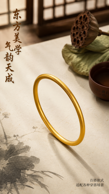 [第4屏] 场景化展示-古法素圈黄金手镯古风氛围摆放。本屏使用【图3】作为商品主体参考，保持素圈手镯圆形结构、磨砂纹理、黄金材质与原图一致。
[氛围/风格] 新中式国风场景，禅意雅致氛围，高级质感，文预览效果