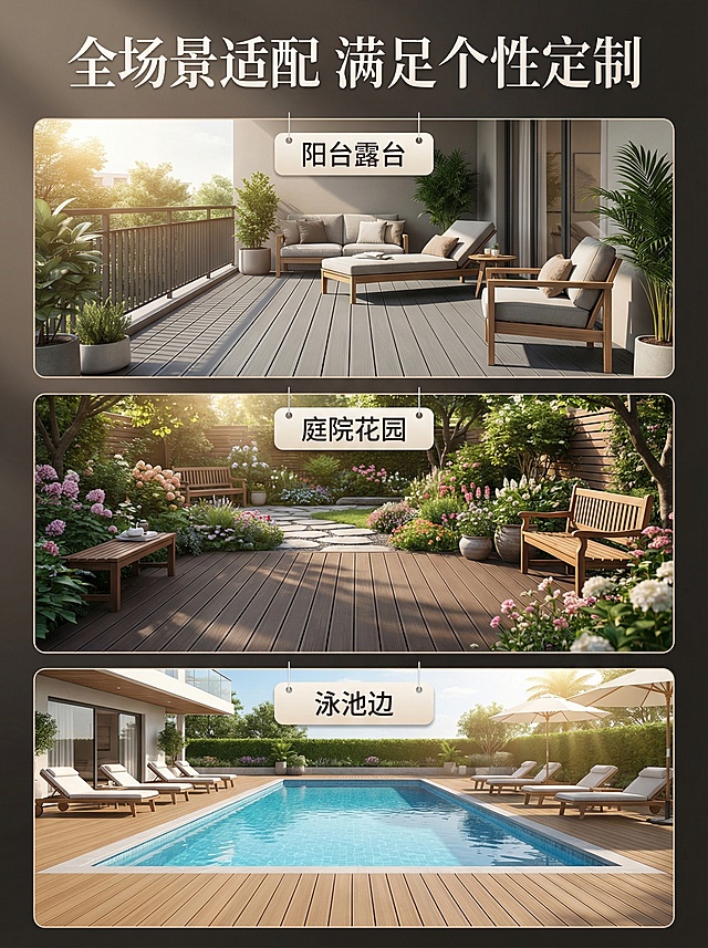 [主图 7] 全场景适用性展示，氛围风格高端大气，生活化自然风。采用三宫格拼图，上中下排列，分别展示铝合金地板应用在阳台露台、庭院花园、泳池边三个不同户外场景，每个场景都自然和谐，展示地板和不同环境融合效果。核心卖点：全场景适用，定制性强。配色色系：保持产品本身色系，每个场景保持自然光影统一。文字版式：顶部标题 "全场景适配 满足个性定制"，每个场景下方标注场景名称，文字悬浮不遮挡主体，排版简约高端，保持整体风格一致。分辨率2K