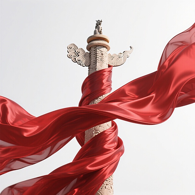 红色飘扬的绸缎缠绕着国家地标，白色背景