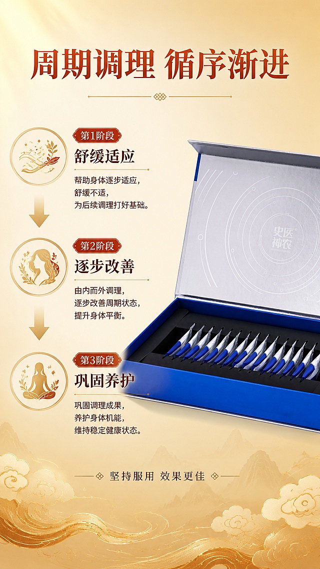 [第5屏] 周期改善原理-分阶段调理过程示意。本屏使用【图2】开盒产品作为右侧产品展示，保持开盒状态、内袋排列、盒盖内波纹图案与输入图一致。
[氛围/风格] 国风暖色调，流程示意风格，沉稳专业，有调理进阶感。
[元素布局] 右侧放置打开的产品礼盒，占比约40%，盒盖翻开展示内部15袋排列；左侧为三阶段调理流程图，从上到下阶梯式排列，每阶段配圆形图标和箭头连接；背景为暖金色渐变，底部祥云纹装饰；产品开盒结构、内袋数量颜色、盒内细节与输入图一致。
[光影质感] 左上方暖光主照明，礼盒内部有自然光影，开盒角度自然真实。
[配色色系] 全局底色 #FBEFD8 暖金黄；主色暖金 #D4A853、朱红 #A63B2E；辅助色深棕 #5C4033、产品银蓝。
[视角构图] 左流程右产品布局，45°斜视角看礼盒，阅读动线顶部标题 → 左侧三阶段 → 右侧产品。
[文字版式] 顶部主标题「周期调理 循序渐进」，朱红色宋体；三阶段分别为：「第1阶段 舒缓适应」「第2阶段 逐步改善」「第3阶段 巩固养护」，每阶段配简短说明；箭头连接表示递进；底部小字「坚持服用 效果更佳」；文字清晰。
[比例分辨率] 9:16 竖版比例，4K分辨率，文字清晰可辨，高清画质。
[负向提示词] 开盒结构错误，内袋数量不对，产品变形，颜色偏差，医疗承诺，绝对化用语，水印。