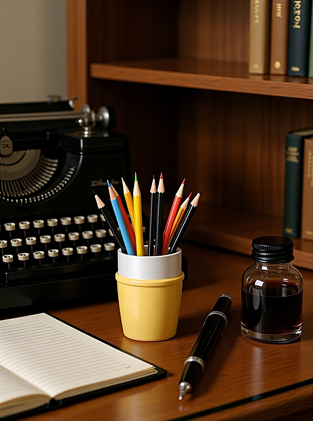 ✒️复古打字机旁，文具勾勒怀旧风情🎞️