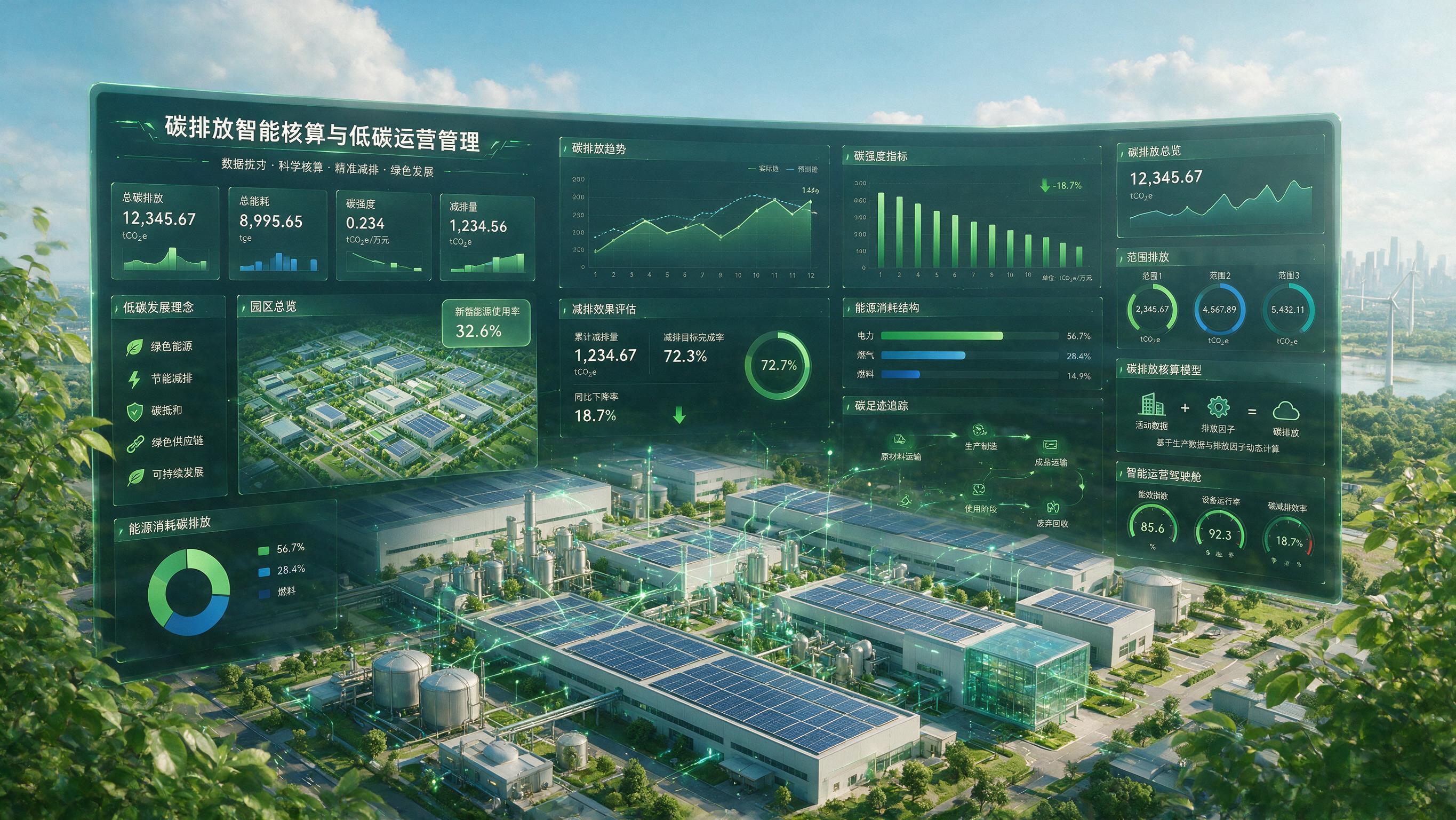 碳排放智能核算与低碳运营管理场景图，现代化绿色工厂与企业园区全… - 图片创意预览