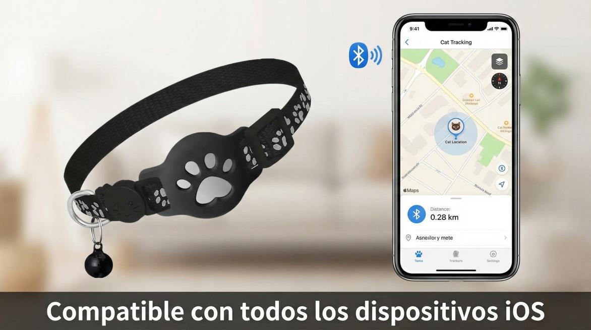 以图中的猫咪定位器项圈为元素,适用于 iOS 系统的 GPS 猫项圈,猫猫戴上定位器项圈再也不怕走丢了,设计6张跟猫咪定位器项圈有关的图,物体主体特征不变，西班牙语,比例 「16:9」预览效果