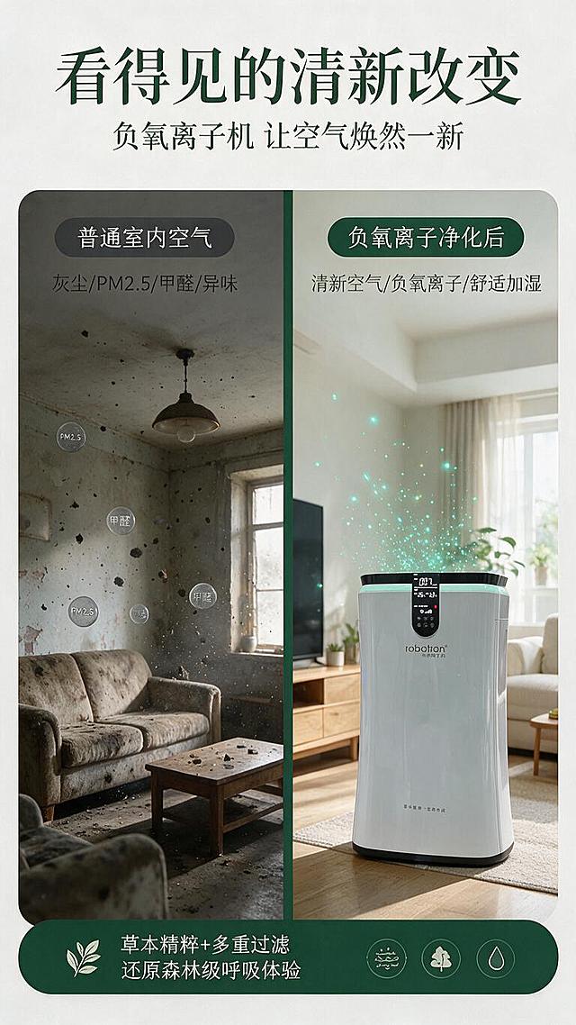 [商品] 使用【图1】robotron负氧离子机正面产品图；保留产品整体结构、颜色、Logo和材质质感。
[画面] 目标：使用前后对比，直观展示净化效果差异。构图：竖版9:16，左右分栏对比布局，中间用竖线分隔。左侧"普通空气"场景：灰暗的室内空间，空气中有可见的灰尘颗粒、PM2.5符号、甲醛分子示意，色调偏灰黄压抑。右侧"负氧离子净化后"场景：使用本产品的明亮清新客厅，空气中有绿色负氧离子光点，色调清新明亮，产品放置在场景中。顶部统一标题区。阅读动线：顶部标题→左栏普通→右栏净化后→底部结论。
[视觉] 套系策略：风格=森林生态自然风+科技感商业摄影；标题字=大气宋体粗体；正文字=现代无衬线体；主色=深森林绿+薄荷青+米白；背景延展=左栏灰黄压抑色调vs右栏清新森林绿调，形成强烈对比；强调色=薄荷青荧光绿，用于右侧净化效果标识；标题色=深森林绿；正文色=深灰；组件=左右分栏标签、对比箭头、效果图标；光影=左侧灰暗散射光vs右侧明亮自然光。
[文字] 顶部主标题"看得见的清新改变"，副标题"负氧离子机 让空气焕然一新"；左栏顶部标签"普通室内空气"，下方小字说明"灰尘/PM2.5/甲醛/异味"；右栏顶部标签"负氧离子净化后"，下方小字说明"清新空气/负氧离子/舒适加湿"；底部结论条"草本精粹+多重过滤 还原森林级呼吸体验"；文字均为横排。
[规格] 图片比例9:16竖版，分辨率1K，淘宝/天猫详情页风格，避免变形、错字、文字过小、产品结构失真、贬损竞品表述。