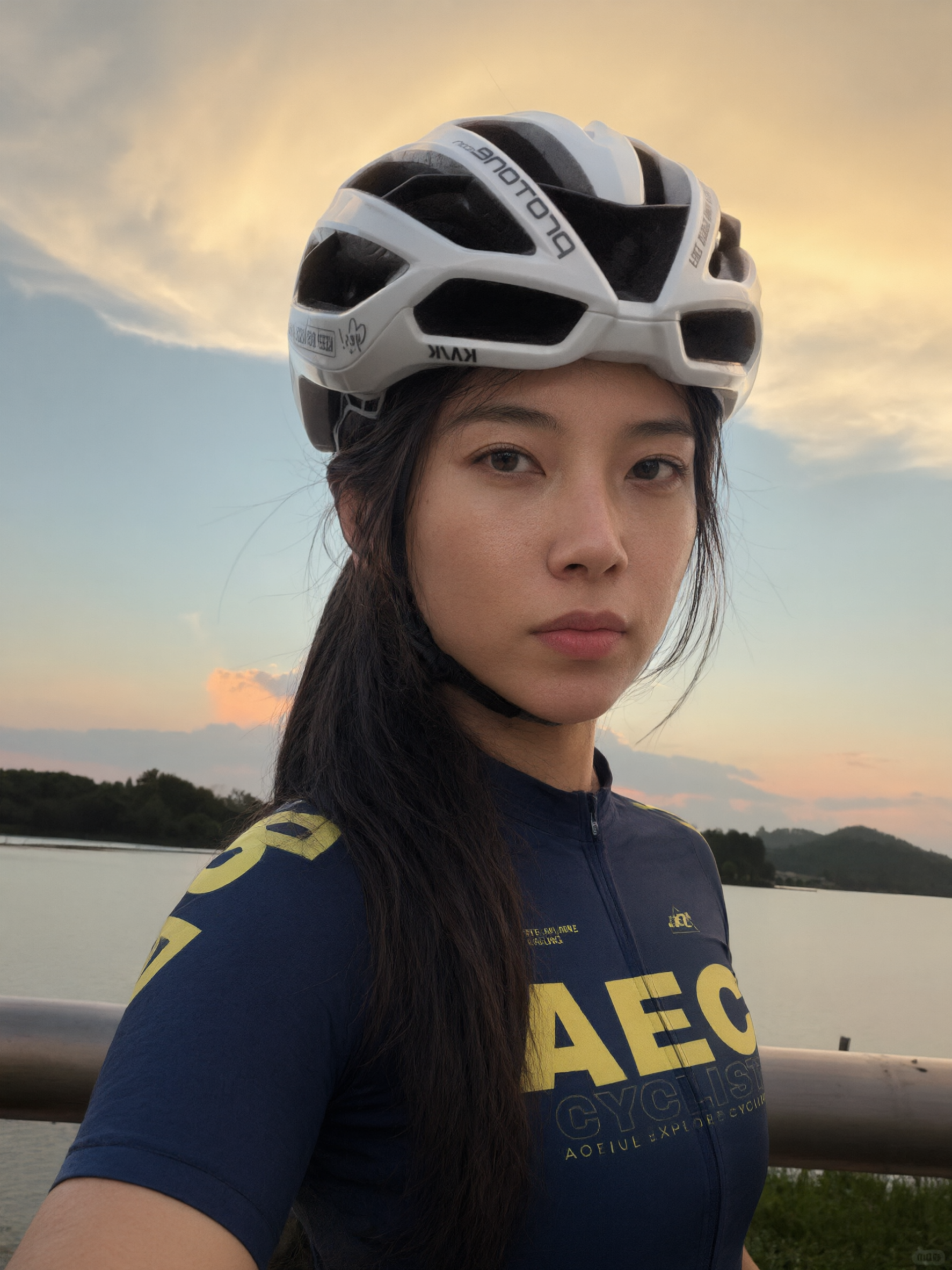 基于第一张参考图的场景和构图，保留湖边日落背景、白色骑行头盔、… - 图片创意预览