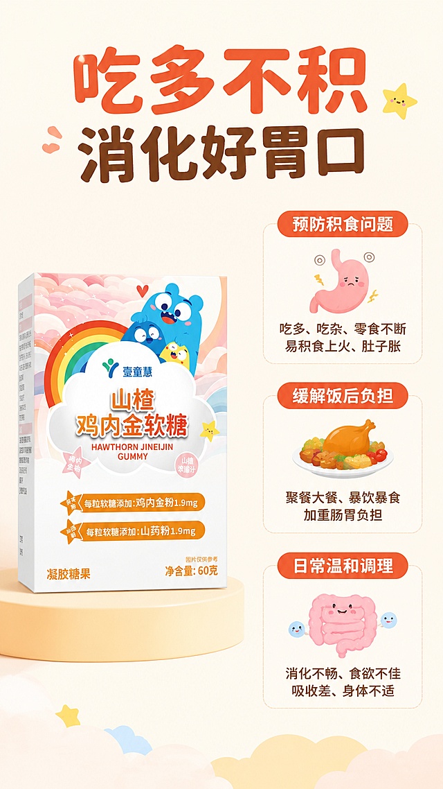 [第2屏] 核心痛点解决屏，山楂鸡内金软糖帮助缓解儿童积食问题。本屏使用【图1】作为产品主体。
[氛围/风格] 清晰直观痛点共鸣风格，柔和生活化氛围，商业设计质感。
[元素布局] 左半区放置产品包装盒，占比约45%，保持产品外观一致；右半区分三个痛点模块，分别展示日常积食、聚餐过量、消化不畅三个场景，每个场景配简洁小图标，画面层次分明，痛点场景形象化。
[光影质感] 均匀柔和布光，没有强烈明暗对比，所有文字和场景元素清晰可见。
[配色色系] 全局底色 #FFF9F0，主色暖红色，辅助浅黄色和浅蓝色，和首屏配色保持统一。
[视角构图] 左右分栏构图，左产品右卖点，阅读从上到下自然流畅。
[文字版式] 顶部主标题「吃多不积 消化好胃口」，左产品+右三个痛点卖点：「预防积食问题」「缓解饭后负担」「日常温和调理」，卖点用圆角小标签突出，字体和首屏保持统一圆角加粗风格，字色不超过两种，文字清晰不挤。
[比例分辨率] 9:16 竖版比例，4K分辨率，文字清晰可辨，高清画质。
[负向提示词] 产品变形，包装文字错乱，颜色偏差，文字模糊，文字过小，水印，杂乱背景