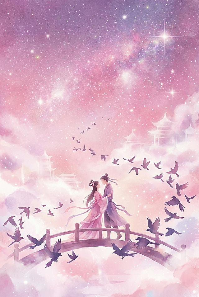 梦幻水彩风插画，中式古典情侣立于云中桥上，繁星点点，飞鸟环绕，唯美感与浪漫感交织，超现实意境营造七夕节日氛围。