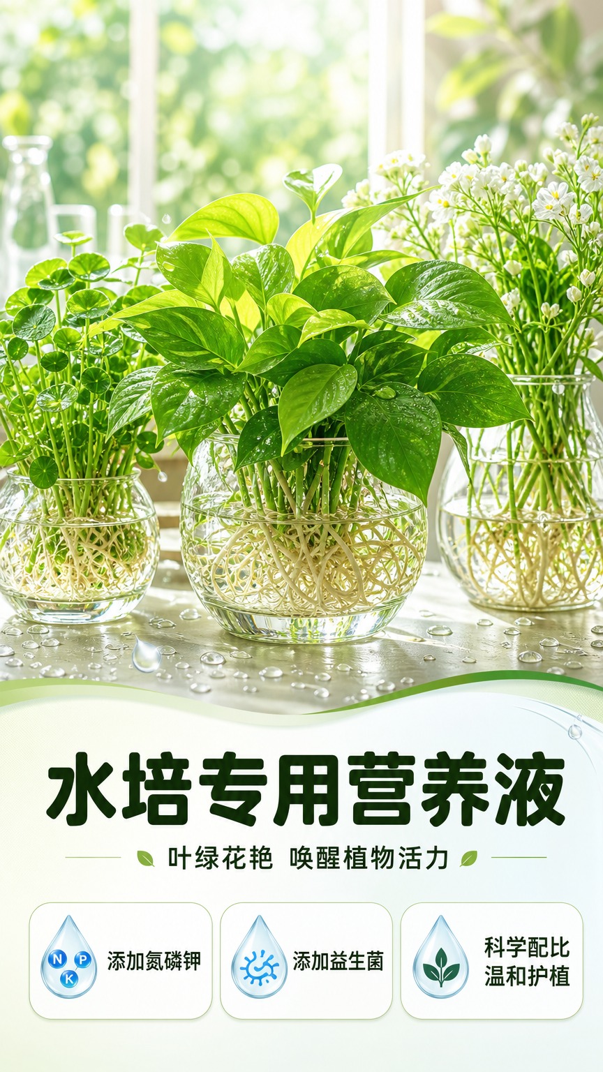 [画面] 页面目标：水培专用植物营养液头图海报，营造「叶绿花艳… - 图片创意预览