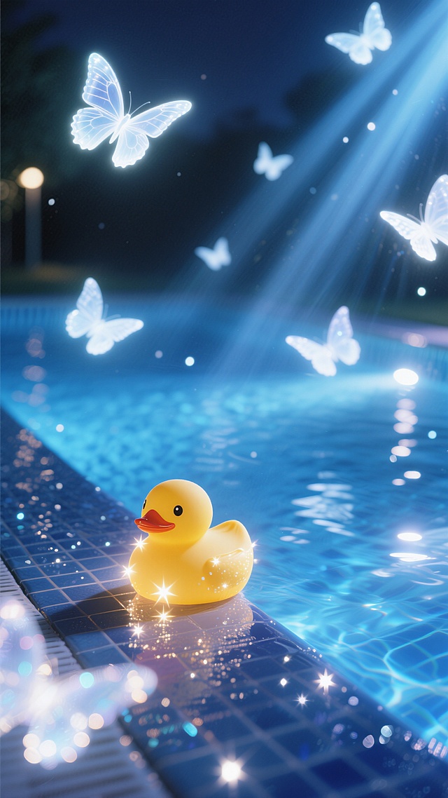 暗光氛围，蓝色氛围光，夜晚的泳池，小黄鸭玩具特写，若干只白色发光蝴蝶错落飞舞环绕
