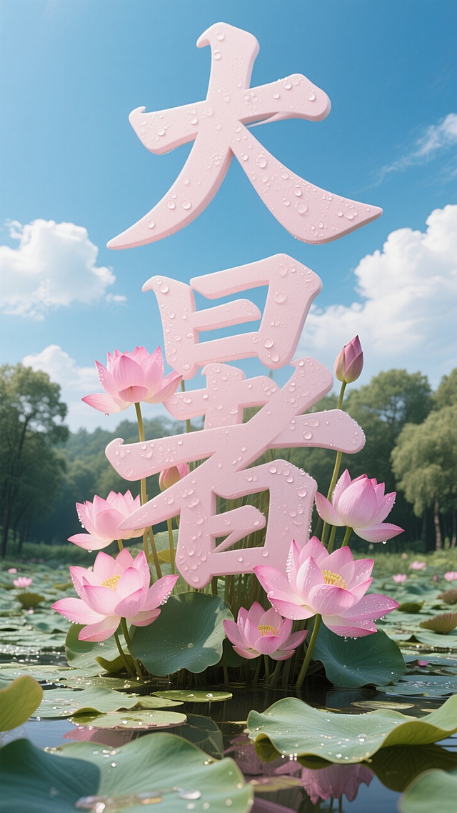 清新3D风设计，大字“大暑”融入荷花池景，水珠点缀，夏日氛围浓厚。