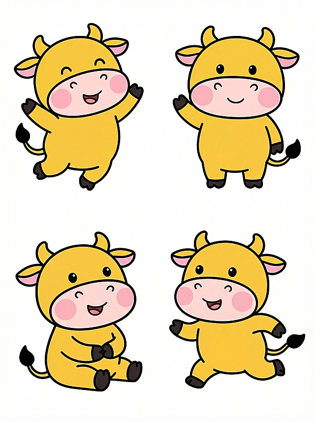 可爱感十足的卡通牛插画，采用描边风与扁平风结合，拟人化表情生动活泼，展现不同姿态，适合春节等节日使用。