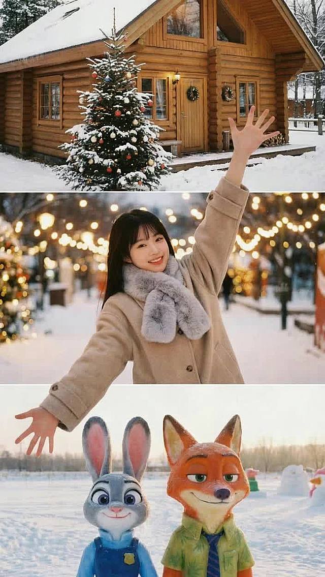 冬日雪景中的温馨圣诞氛围，融合卡通动漫风与3D角色设计，毛发生长质感细腻，粘土风格点缀梦幻感，喜庆灯光营造节日浪漫。