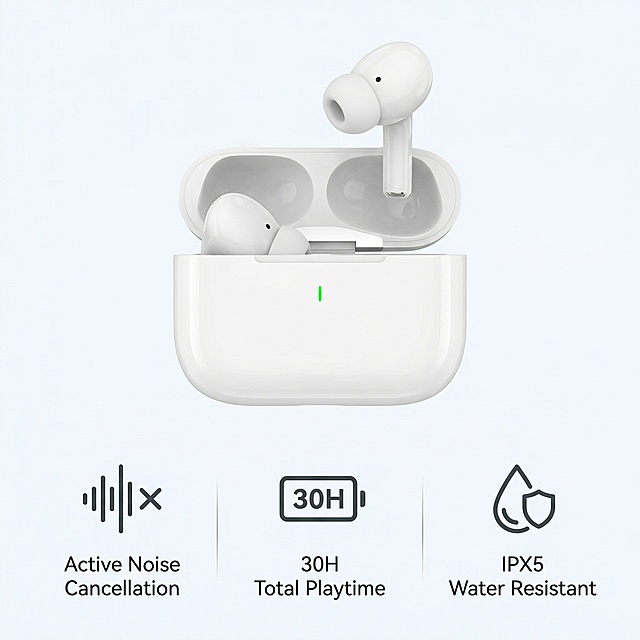 [Main Image 3] Feature highlight main diagram for white wireless earbuds. Keep original product appearance, show three core features with simple line icons and English text: 1. "Active Noise Cancellation" icon sound wave, 2. "30H Total Playtime" icon battery, 3. "IPX5 Water Resistant" icon water drop. Arrange features under product in 3 columns clean layout. Modern minimalist dark text on light background, no messy decorations. 1:1 square composition, professional tech style. 2K resolution.