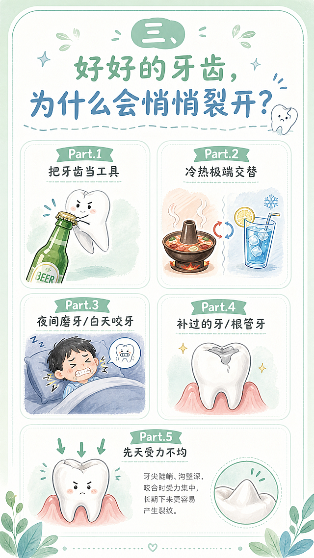 竖版科普折页内页，清新手绘插画风格，柔和薄荷绿和淡蓝色配色，风格统一。页面标题文字："三、好好的牙齿，为什么会悄悄裂开？"。画面展示五个原因的图标卡片，分两列排列：Part.1 把牙齿当工具（牙齿开啤酒瓶插画）；Part.2 冷热极端交替（火锅+冰饮）；Part.3 夜间磨牙/白天咬牙（睡觉磨牙的人）；Part.4 补过的牙/根管牙（带补牙材料的牙齿）；Part.5 先天受力不均（牙尖陡峭的牙齿）。每个原因配简洁小插画，用Part.1到Part.5编号，版式精美，科普感强，四周留有安全边距。