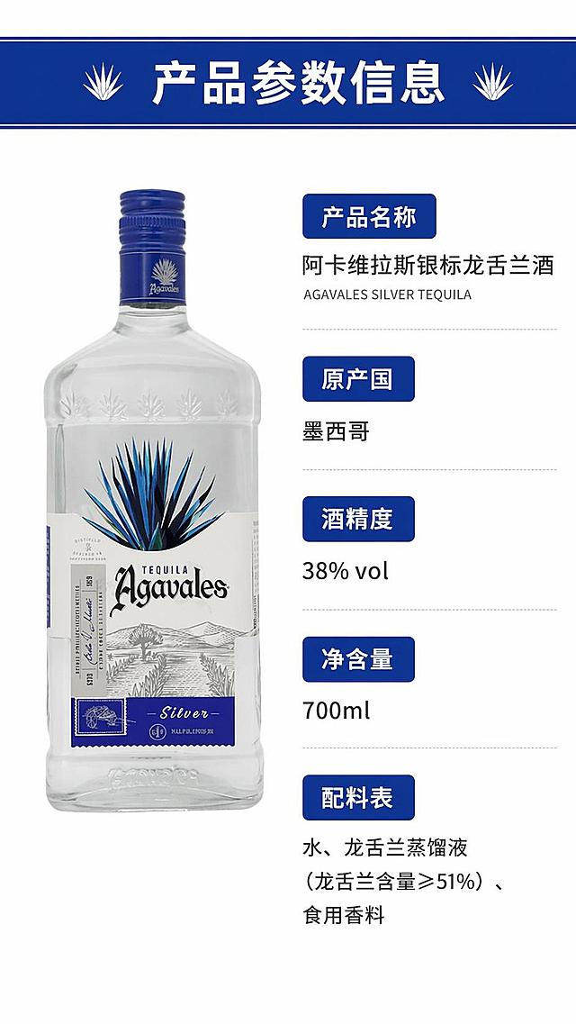 [第6屏] 规格参数屏-阿卡维拉斯银标龙舌兰酒产品信息。本屏使用【图1】作为产品展示。
[氛围/风格] 简约清晰信息风，干净整洁商务质感。
[元素布局] 左侧放置完整瓶身产品，占比约50%，瓶身外观与原图一致；右侧为配料与规格参数区域，清晰排版各项信息，保证内容整齐不拥挤。
[光影质感] 均匀布光，产品和信息都清晰可见，无明显阴影，整体干净通透。
[配色色系] 全局底色 #FFFFFF；主色：纯白底+深灰文字；辅助色：品牌蓝色块做信息标题底衬。
[视角构图] 左右分栏，左产品右信息，均衡对称构图，阅读动线清晰。
[文字版式] 顶部标题「产品参数信息」，右侧分块展示产品名称、原产国、酒精度、净含量、配料表，标题使用品牌蓝色块底衬白色文字，内容文字使用深灰色，沿用首屏字体风格，文字清晰大小适中，不遮挡产品主体。
[比例分辨率] 9:16 竖版比例，4K分辨率，文字清晰可辨，高清画质。
[负向提示词] 瓶身变形，参数文字模糊，排版混乱，颜色偏差，水印
