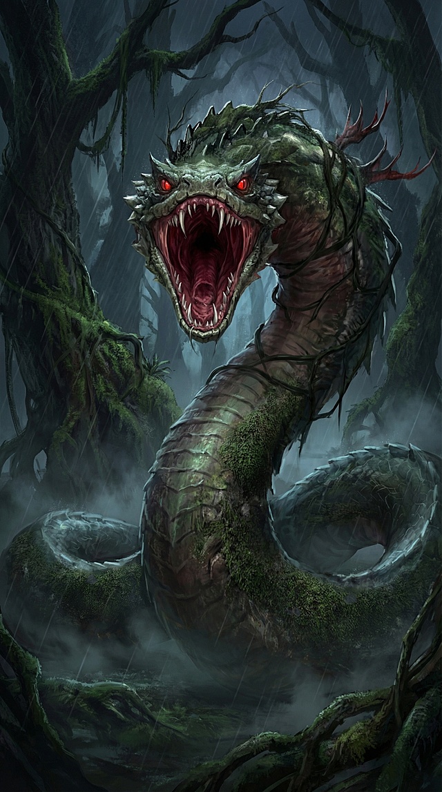 让蛇张大嘴巴正对屏幕，将背景替换为森林，呈现boss登场的压迫感