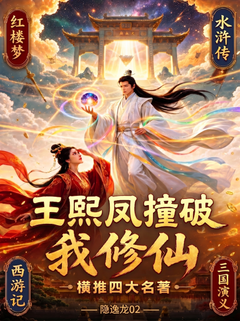 修改这张小说封面：1、将标题“王熙凤撞破我修仙”整体字体缩小百分之四十；2、把左上角的“三国演义”和右下角的“红楼梦”调换位置，左上角变为红楼梦，右下角变为三国演义，保持原有画面其他内容和风格都不变。预览效果