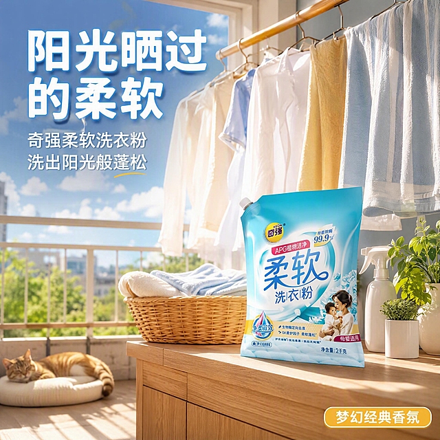 [主图-4] 奇强柔软洗衣粉阳台晾晒生活场景图
[氛围风格] 阳光生活感，温馨治愈，抖音场景化沉浸
[画质] 商业摄影质感，自然光感，高清通透，生活气息浓厚
[元素] 温馨明亮的家庭阳台场景，午后阳光斜照。晾衣架上挂满了洗好的洁白衣物和彩色毛巾，随风轻轻飘动，衣物蓬松柔软有光泽。晾衣架下方的木质洗衣台上，奇强柔软洗衣粉袋装产品自然摆放（正面略侧，外观与输入图完全一致），旁边有洗衣篮、喷壶、绿植小盆栽等家居道具。阳台窗外可以看到模糊的蓝天和白云。地面有阳光透过衣物投下的柔和光影。一只猫咪慵懒地趴在阳台角落的垫子上（远景，增加生活氛围，不抢主体）。商品主体占比约30%，自然融入场景。
[光影] 右侧午后阳光为主光，暖金色明亮温暖，衣物有透光感和柔和阴影，地面有条形光影，整体氛围温暖治愈，有明显的阳光方向感。
[配色] 主色暖白+浅木色+浅蓝；辅色暖金色（阳光）；强调色绿色（绿植点缀）。整体暖色调与产品浅蓝协调，阳光感强。
[视角构图] 平视中景，阳台场景完整呈现，晾衣架和衣物为视觉主体，产品在台面自然摆放，前中后景层次丰富，景深中等。
[文字版式] 左上负空间左对齐，大标题"阳光晒过的柔软"，暖白色大号粗体无衬线，带轻微浅蓝描边。副标题"奇强柔软洗衣粉 洗出阳光般蓬松"，白色中号。右下角落小标签"梦幻经典香氛"，暖黄底白字圆角。文字均放在负空间，不遮挡产品和主要场景元素。
[输出要求] 1:1比例，文字清晰锐利，超高清商业摄影质感
[负向提示词] 变形，文字错乱，产品图模糊，背景杂乱，水印，电商平台Logo，多余的手，畸形手，人物面部扭曲，猫咪畸形