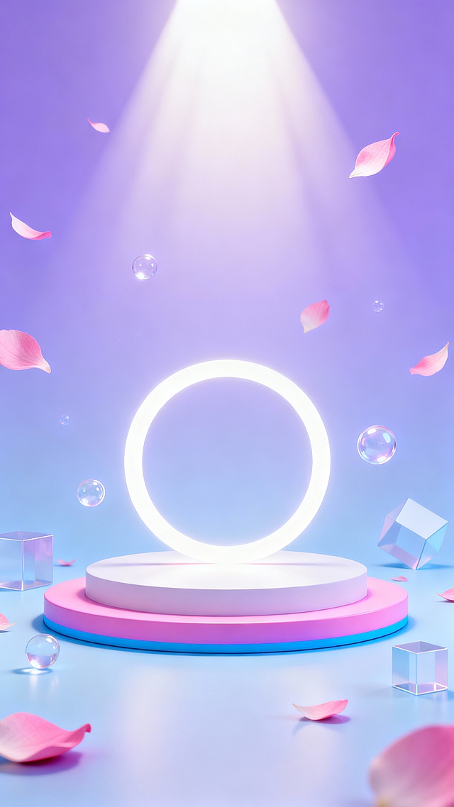 梦幻渐变紫色和淡蓝色为主色调的3D渲染背景，柔和的光线从顶部洒下，营造出明亮通透且带有光晕效果的氛围，画面中漂浮着粉色花瓣、透明气泡和几何立方体，中央是一个发光的白色圆环悬浮在双层圆形展示台上，展台边缘有粉蓝渐变，整体构图呈现出对称平衡的美感，充满轻盈、梦幻、科技感与未来感的设计风格。