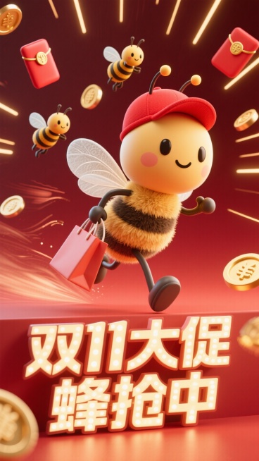 主视觉为带着红帽子的蜜蜂提着购物袋冲出画面，背后3只小蜜蜂抱着红包，正面视角，背景为红色与深红色渐变，四周金币、红包、放射线点缀，画面下方为3D文字灯牌“双11大促 蜂抢中”预览效果