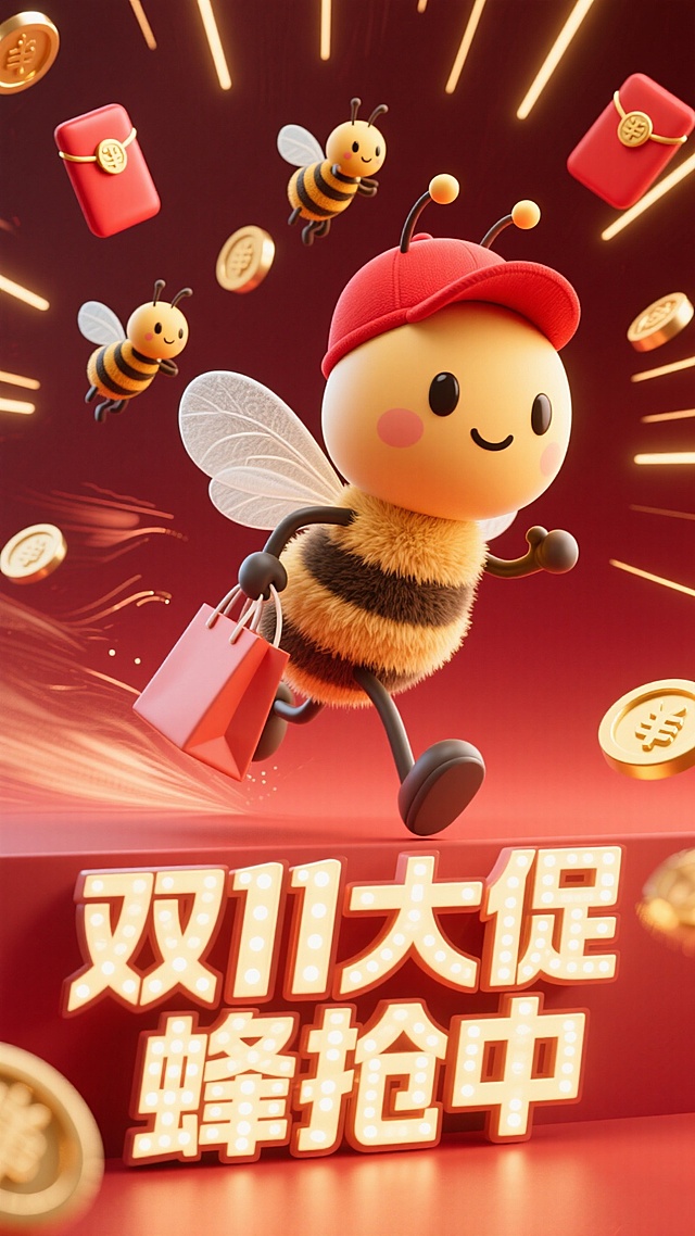 主视觉为带着红帽子的蜜蜂提着购物袋冲出画面，背后3只小蜜蜂抱着红包，正面视角，背景为红色与深红色渐变，四周金币、红包、放射线点缀，画面下方为3D文字灯牌“双11大促 蜂抢中”