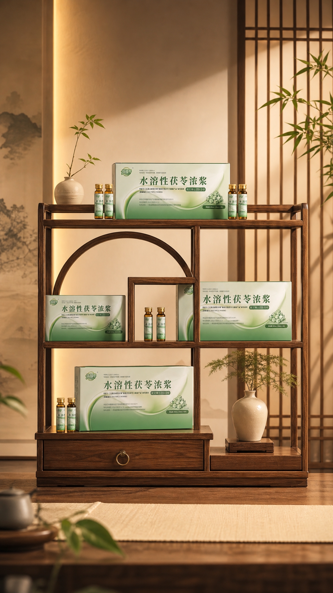 直播间背景图，金浅棕色新中式风格背景，简约大气。画面中有一组精… - 图片创意预览