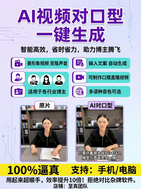 基于上传的AI对口型工具宣传图，制作成竖版电商详情图，3:4比例，顶部突出核心卖点"AI视频对口型 一键生成"，中部清晰展示软件功能点：录形象视频克隆声音、输入文案自动生成、适用于各行业博主、可制作口预览效果