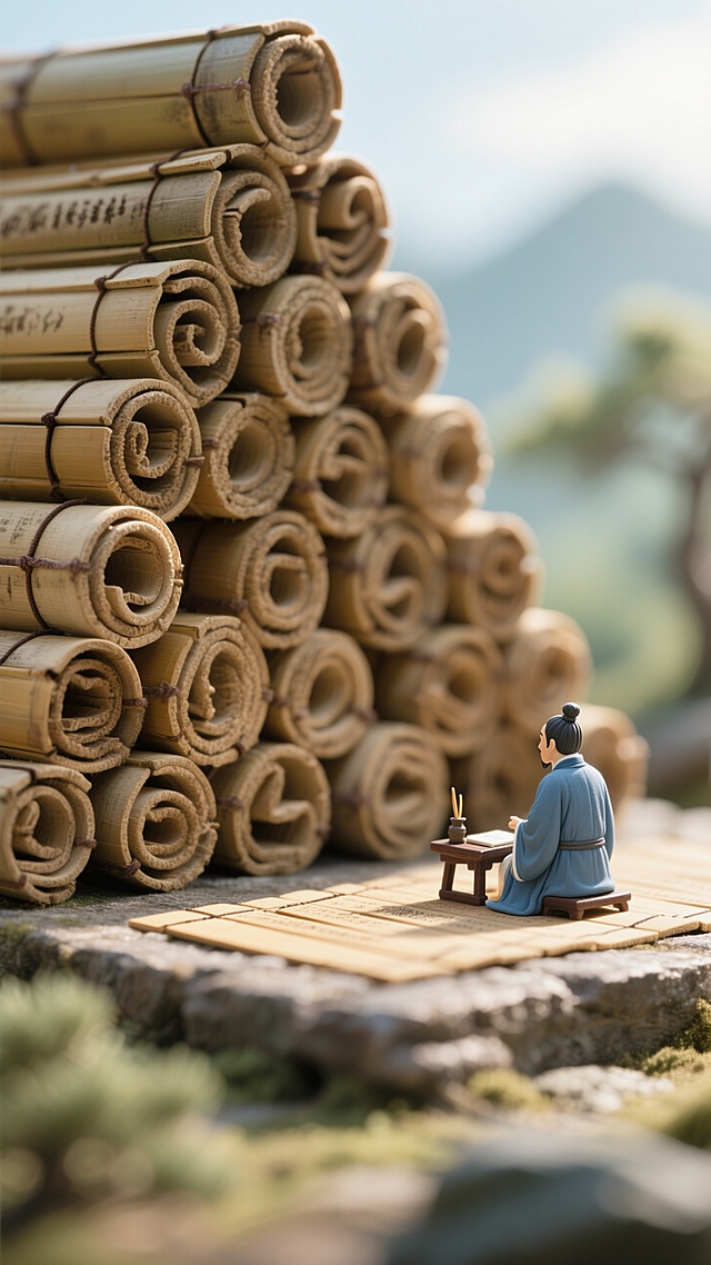 巨大的竹简卷轴堆成三角，一个迷你古风老师（蓝衫长袍，背影）坐在旁边，明亮的光照亮人物，远景，宁静祥和