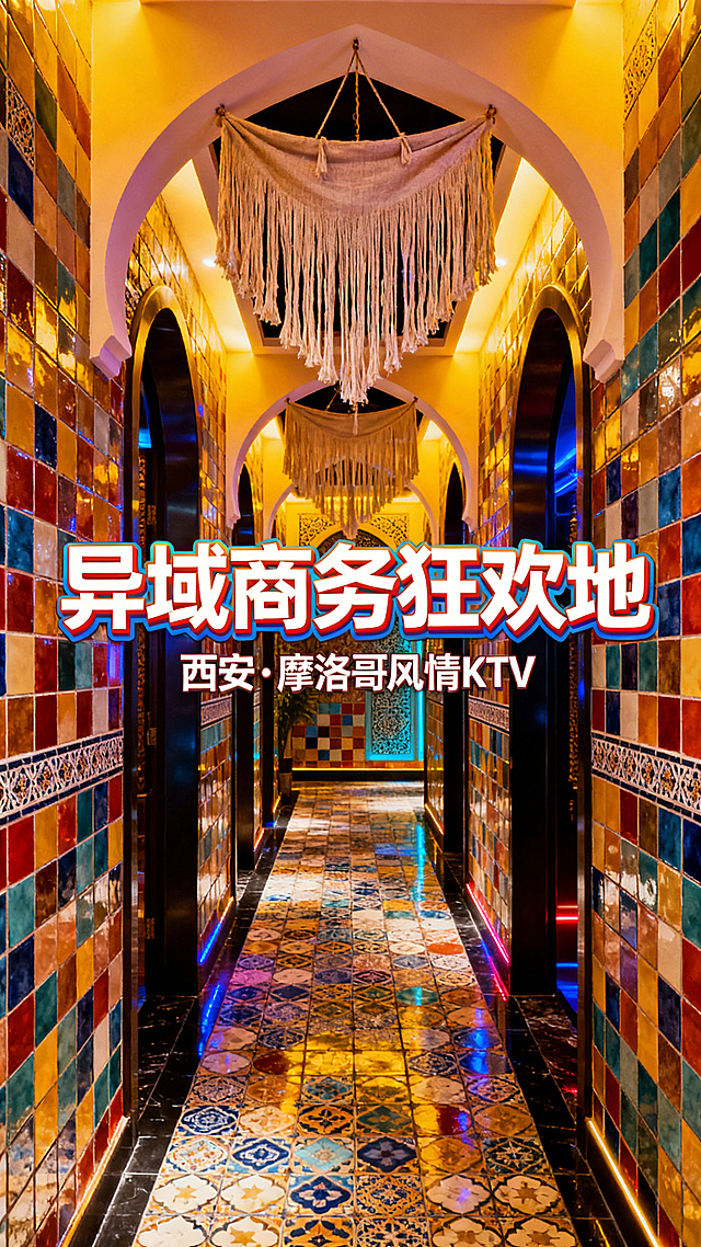 西安商务KTV场景，摩洛哥风格装修，彩色瓷砖拼接，拱形门洞，布艺流苏装饰，添加文字“异域商务狂欢地”