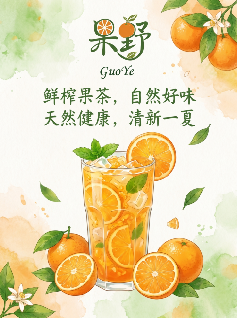 为果野果茶品牌设计宣传海报，保留原logo的绿色和橙色配色，融入橙子水果元素，风格清新自然，突出鲜榨果茶的健康天然卖点，整体简约舒适，符合果茶品牌调性预览效果