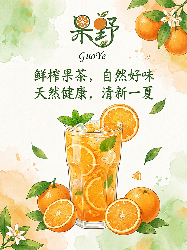 为果野果茶品牌设计宣传海报，保留原logo的绿色和橙色配色，融入橙子水果元素，风格清新自然，突出鲜榨果茶的健康天然卖点，整体简约舒适，符合果茶品牌调性