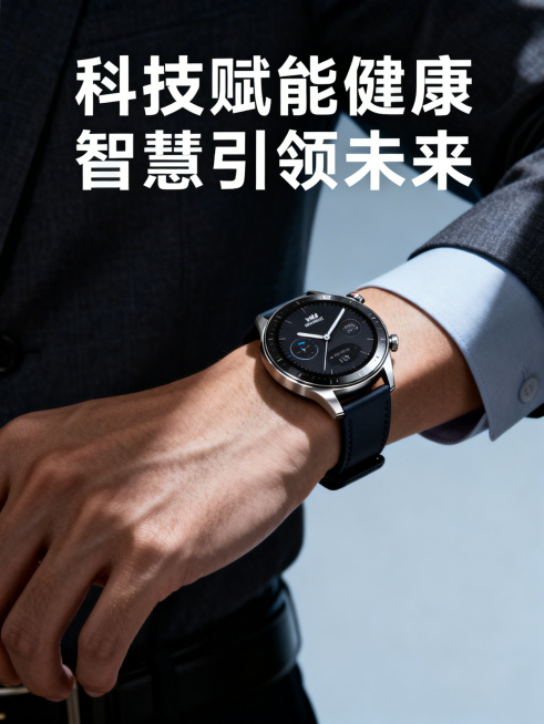 华为智能手表营销海报，男士手腕佩戴场景，展示佩戴华为智能手表的手腕特写，简洁商务背景，科技感设计风格，海报上方配大字文案"科技赋能健康 智慧引领未来"，整体设计吸引眼球、高端商务预览效果