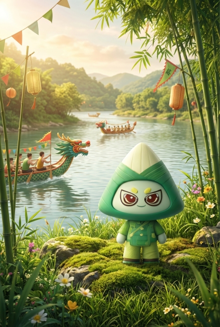 保持这个粽子形象本体的样子和造型不变，为它生成适合的端午主题户外场景，场景自然和谐，保留原有IP形象不变预览效果
