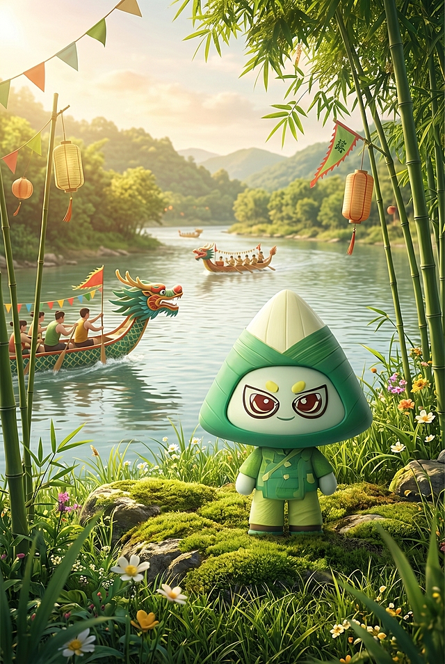 保持这个粽子形象本体的样子和造型不变，为它生成适合的端午主题户外场景，场景自然和谐，保留原有IP形象不变