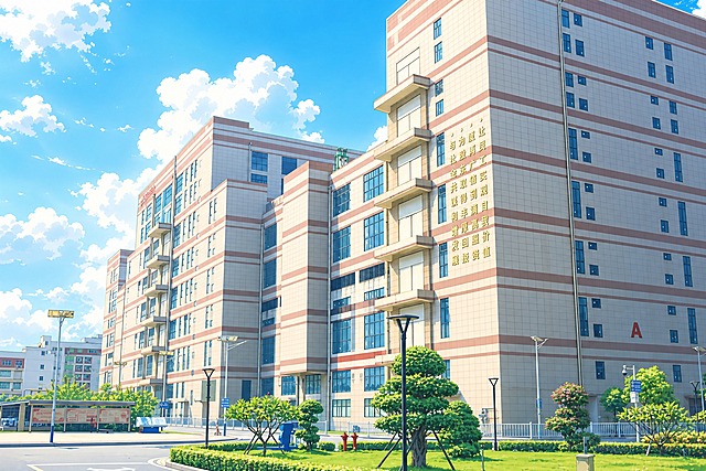 将这张工业园区建筑照片转换为日系动漫风格，保留建筑的整体结构和布局，画面色彩明亮清新，天空为淡蓝色飘着白云，建筑线条清晰，光影柔和，具有新海诚风格的动漫质感，细节丰富，画面干净通透