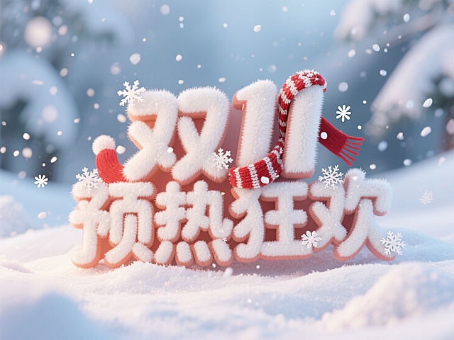 白色毛绒绒的“双11预热狂欢”字体。点缀围巾，雪天背景。