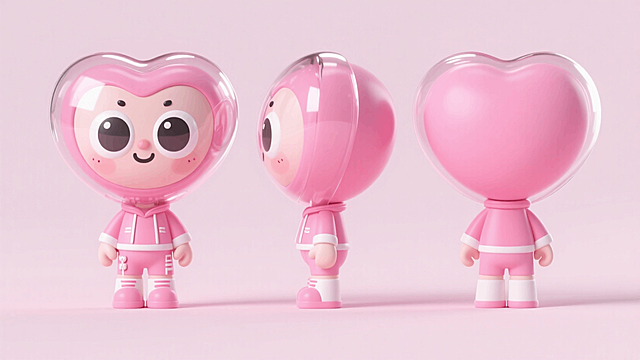 卡通潮玩，粉色爱心拟人，巨大的头，爱心玻璃头罩，搞怪，可爱，时尚的服饰，纯色背景